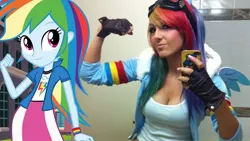 Size: 1280x720 | Tagged: safe, derpibooru import, rainbow dash, human, equestria girls, clothes, cosplay, costume, eqg promo pose set, jessica nigri, obligatory pony, room, school, selfie, solo