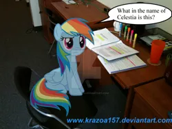 Size: 900x675 | Tagged: safe, artist:krazoa157, derpibooru import, rainbow dash, pony, comic, deviantart watermark, irl, obtrusive watermark, pen, photo, ponies in real life, solo, table, watermark, wings