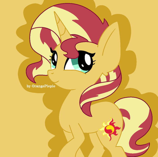 Size: 1087x1080 | Tagged: safe, artist:orangepiepie, derpibooru import, sunset shimmer, pony, unicorn, cute, female, looking at you, mare, orange background, shimmerbetes, signature, simple background, smiling, solo, watermark, yellow background