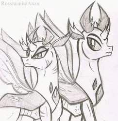 Size: 1560x1603 | Tagged: safe, artist:rossmaniteanzu, derpibooru import, pharynx, thorax, changedling, changeling, brothers, changedling brothers, king thorax, male, monochrome, pencil drawing, prince pharynx, siblings, sketch, traditional art