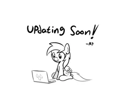 Size: 949x657 | Tagged: safe, artist:datahmedz, derpibooru import, sunshower raindrops, pony, raindropsanswers, ask, computer, laptop computer, monochrome, solo, tumblr