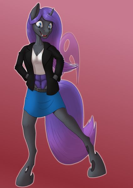 Size: 2480x3508 | Tagged: anthro, artist:settop, changeling, changeling oc, clothes, derpibooru import, female, hands in pockets, jacket, leather jacket, oc, oc:viciz, purple changeling, safe, solo