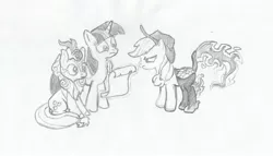 Size: 2150x1228 | Tagged: safe, artist:thekman100, derpibooru import, applejack, autumn blaze, twilight sparkle, twilight sparkle (alicorn), alicorn, kirin, nirik, pony, angry, fire, levitation, magic, partial body swap, pencil drawing, quill, scroll, swap, telekinesis, traditional art