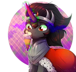 Size: 3000x2850 | Tagged: safe, artist:bladedeehunter, artist:soundwavepie, derpibooru import, king sombra, pony, unicorn, abstract background, collaboration, cute, food, ice cream, male, solo, sombradorable, stallion