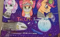 Size: 1781x1100 | Tagged: safe, artist:mya-chan nina, derpibooru import, apple bloom, scootaloo, sweetie belle, earth pony, pegasus, pony, unicorn, angry, bandana, binoculars, black hole, bow, colored, colored background, cutie mark crusaders, halberd, hooves, meteorite, planet, scientist, sniper, space, space mares, spaceship, spy suit, stars, title, traditional art, weapon