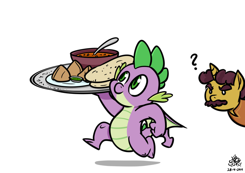 Size: 4093x2894 | Tagged: artist:poecillia-gracilis19, coriander cumin, curry, derpibooru import, dragon, food, naan, safe, samosas, spike, the point of no return, winged spike