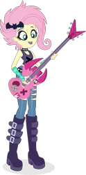 Size: 4269x8576 | Tagged: safe, artist:punzil504, derpibooru import, fluttershy, equestria girls, equestria girls series, rollercoaster of friendship, absurd resolution, alternate hairstyle, boots, clothes, collar, ear piercing, earring, electric guitar, female, flutterpunk, fluttershy day, guitar, jewelry, musical instrument, pants, piercing, punk, ripped pants, shoes, simple background, solo, transparent background
