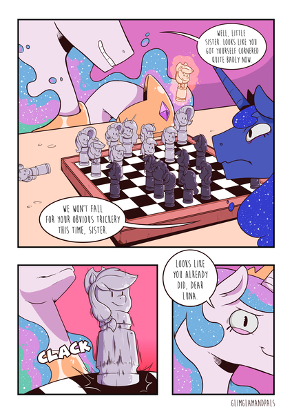 Size: 2480x3508 | Tagged: safe, artist:raph13th, derpibooru import, princess celestia, princess luna, alicorn, pony, comic:glim glam and pals, chess, comic, dialogue, female, levitation, magic, mare, telekinesis