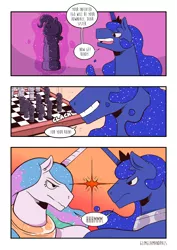 Size: 2480x3508 | Tagged: safe, artist:raph13th, derpibooru import, princess celestia, princess luna, alicorn, pony, comic:glim glam and pals, chess, comic, dialogue, duo, eye contact, female, levitation, looking at each other, magic, mare, telekinesis