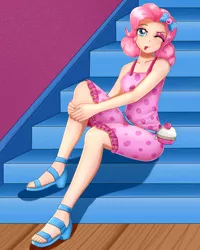 Size: 1600x2000 | Tagged: safe, alternate version, artist:focusb, derpibooru import, pinkie pie, human, equestria girls, equestria girls series, spring breakdown, spoiler:eqg series (season 2), :p, anime, clothes, cute, diapinkes, dress, feet, full body, humanized, looking at you, one eye closed, pixiv, sandals, smiling, solo, tongue out, wink