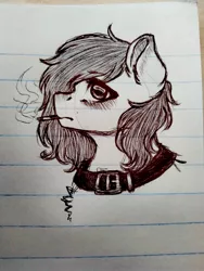 Size: 3120x4160 | Tagged: safe, artist:uglypartyhat, derpibooru import, oc, oc:connor, unofficial characters only, earth pony, pony, buckle, bust, choker, cigarette, lined paper, photo, portrait, sad, smoking, traditional art