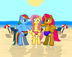 Size: 1280x1024 | Tagged: suggestive, derpibooru import, fluttershy, rainbow dash, pony, beach, beach chair, bipedal, ocean, summer, sun, underpants