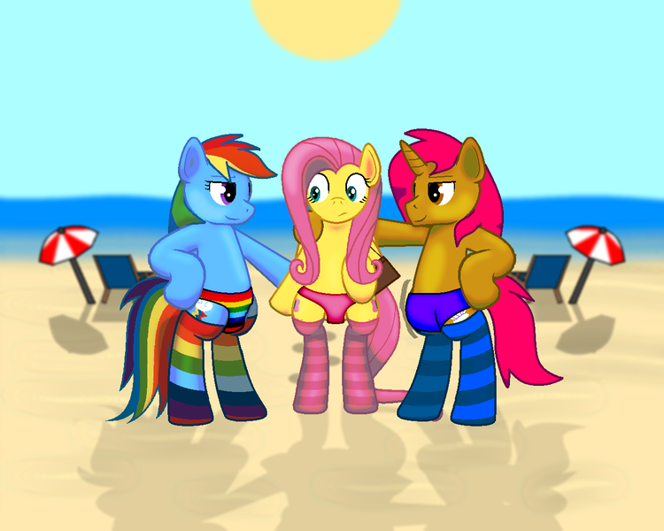 Size: 1280x1024 | Tagged: suggestive, derpibooru import, fluttershy, rainbow dash, pony, beach, beach chair, bipedal, clothes, ocean, rainbow socks, socks, striped socks, summer, sun, underpants