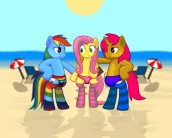 Size: 1280x1024 | Tagged: suggestive, derpibooru import, fluttershy, rainbow dash, pony, beach, beach chair, bipedal, clothes, ocean, rainbow socks, socks, striped socks, summer, sun, underpants