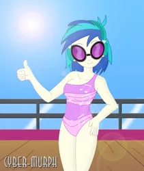 Size: 1488x1764 | Tagged: safe, artist:cyber-murph, derpibooru import, vinyl scratch, equestria girls, equestria girls series, spring breakdown, spoiler:eqg series (season 2), clothes, cruise, curvy, one-piece swimsuit, show accurate, signature, sunglasses, swimsuit, thumbs up, yacht