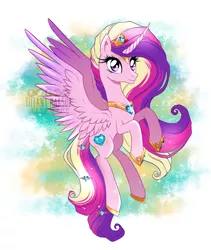 Size: 1094x1296 | Tagged: safe, artist:tiffanymarsou, derpibooru import, princess cadance, alicorn, pony, curved horn, female, flying, horn, jewelry, mare, regalia, smiling, solo