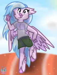 Size: 827x1086 | Tagged: anthro, artist:rainbow eevee, clothes, cloud, cute, derpibooru import, diastreamies, gym uniform, happy, hippogriff, looking at you, peace, running, safe, shadow, silverstream, sky, solo, track, unguligrade anthro