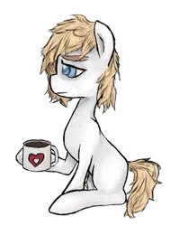 Size: 465x556 | Tagged: safe, artist:restartbob, deleted from derpibooru, derpibooru import, oc, oc:joseph, pony, coffee, messy mane, simple background, sitting, solo, tired, transparent background