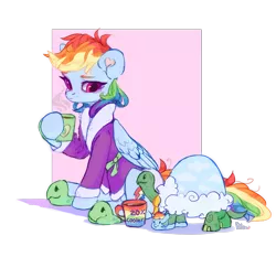 Size: 2105x1962 | Tagged: safe, artist:graypillow, derpibooru import, rainbow dash, tank, pegasus, pony, tortoise, bathrobe, clothes, coffee mug, cute, dashabetes, female, hoof hold, male, mare, mug, robe, simple background, transparent background