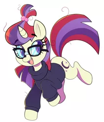 Size: 2894x3414 | Tagged: safe, artist:norithecat, derpibooru import, moondancer, pony, unicorn, accessories, clothes, cute, dancerbetes, digital, eyelashes, female, glasses, hairtie, happy, horn, messy hair, messy mane, running, simple background, smiling, solo, sweater, turtleneck, white background