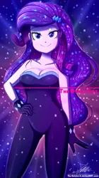 Size: 720x1290 | Tagged: safe, artist:the-butch-x, derpibooru import, rarity, equestria girls, equestria girls series, the other side, adorasexy, beautiful, beautisexy, bodysuit, breasts, busty rarity, cleavage, clothes, cute, dress, female, gloves, hand on hip, looking at you, raribetes, sexy, signature, smiling, solo, that was fast, underass, unitard