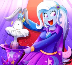 Size: 1060x960 | Tagged: safe, artist:the-butch-x, derpibooru import, trixie, equestria girls, bugs bunny, bunny out of the hat, cape, clothes, commission, crossover, cute, diatrixes, hat, jokes in the comments, looney tunes, magic show, magic trick, open mouth, smiling, trixie's cape, trixie's hat