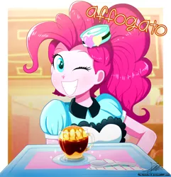 Size: 1020x1060 | Tagged: safe, artist:the-butch-x, derpibooru import, pinkie pie, coinky-dink world, eqg summertime shorts, equestria girls, apron, carhop, clothes, coffee, cup, cute, dessert, diapinkes, espresso, female, food, grin, ice cream, italian, looking at you, one eye closed, server pinkie pie, signature, smiling, solo, spoon, translated in the description, tray, waitress, wink
