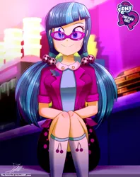 Size: 920x1160 | Tagged: safe, artist:the-butch-x, derpibooru import, part of a set, juniper montage, equestria girls, mirror magic, movie magic, spoiler:eqg specials, breasts, butch's hello, clothes, concession stand, cute, equestria girls logo, female, glasses, hello x, kneesocks, looking at you, pigtails, sitting, skirt, smiling, socks, solo, theater, twintails