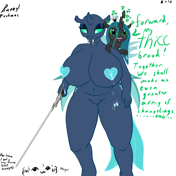 Size: 1080x1080 | Tagged: alternate version, anthro, anthro oc, areola, artist:baezyl zuuhaas, big areola, big breasts, blue changeling, breast milk, breasts, changeling, changeling oc, changeling queen, chubby, derpibooru import, duo, duo female, fangs, female, heart areola, huge breasts, lactation, milf, milk, nipples, nudity, oc, oc:sektiss, owo, queen chrysalis, questionable, sword, unguligrade anthro, weapon