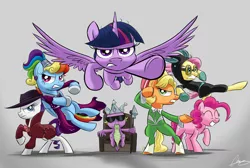 Size: 3224x2172 | Tagged: safe, artist:oinktweetstudios, derpibooru import, applejack, fluttershy, pinkie pie, rainbow dash, rarity, spike, twilight sparkle, twilight sparkle (alicorn), alicorn, dragon, earth pony, pegasus, pony, unicorn, sparkle's seven, action pose, alternate hairstyle, apple chord, badass, bunny ears, clothes, costume, crown, dangerous mission outfit, detective rarity, dress, female, flutterbadass, flutterspy, goggles, hard-won helm of the sibling supreme, hat, hoodie, jewelry, male, mane seven, mane six, mare, rainbow dash always dresses in style, regalia, smiling, squad, sunglasses, throne