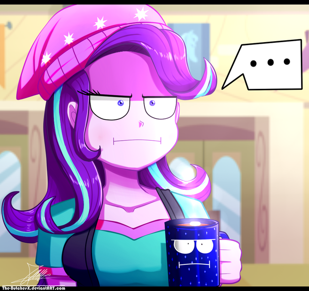 Size: 1020x960 | Tagged: safe, artist:the-butch-x, derpibooru import, starlight glimmer, equestria girls, marks for effort, ..., :i, animate object, beanie, breasts, busty starlight glimmer, chocolate, clothes, coffee mug, cute, empathy cocoa, equestria girls interpretation, female, food, hat, hot chocolate, i mean i see, mug, scene interpretation, shirt, solo, speech bubble, vest