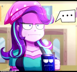 Size: 1020x960 | Tagged: safe, artist:the-butch-x, derpibooru import, starlight glimmer, equestria girls, marks for effort, ..., :i, animate object, beanie, breasts, busty starlight glimmer, chocolate, clothes, coffee mug, cute, empathy cocoa, equestria girls interpretation, female, food, hat, hot chocolate, i mean i see, mug, scene interpretation, shirt, solo, speech bubble, vest