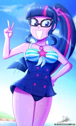 Size: 820x1360 | Tagged: safe, artist:the-butch-x, derpibooru import, sci-twi, twilight sparkle, equestria girls, equestria girls series, adorasexy, adorkable, adorkasexy, attached skirt, beautiful, big breasts, blue swimsuit, breasts, busty sci-twi, busty twilight sparkle, clothes, cloud, cute, dork, female, geode of telekinesis, glasses, grin, hand on hip, jewelry, magical geodes, necklace, one-piece swimsuit, peace sign, ponytail, pretty, sexy, signature, skirt, sky, smiling, solo, speedpaint available, striped swimsuit, swimsuit, tricolor swimsuit, twiabetes