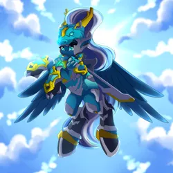 Size: 5555x5555 | Tagged: safe, artist:airiniblock, derpibooru import, oc, oc:vivid tone, unofficial characters only, pegasus, pony, absurd resolution, armor, commission, female, flying, mare, overwatch, pharah, rcf community, smiling, solo