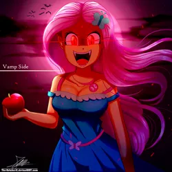 Size: 1600x1600 | Tagged: safe, artist:the-butch-x, derpibooru import, fluttershy, bat, bat pony, vampire, equestria girls, apple, beautiful, breasts, busty fluttershy, cleavage, clothes, dress, evil grin, fangs, female, flutterbat, food, geode of fauna, glowing eyes, grin, hairpin, intimidating, jewelry, looking at you, magical geodes, necklace, open mouth, race swap, signature, slit eyes, slit pupils, smiling, solo