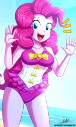 Size: 820x1360 | Tagged: safe, artist:the-butch-x, derpibooru import, pinkie pie, equestria girls, equestria girls series, attached skirt, beach, beach babe, beautiful, bow swimsuit, clothes, cute, diapinkes, female, frilled swimsuit, one-piece swimsuit, pink swimsuit, signature, skirt, smiling, solo, swimsuit, thighs, tricolor swimsuit, underass