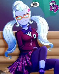 Size: 920x1160 | Tagged: annoyed, artist:the-butch-x, butch's hello, clothes, crystal prep academy uniform, cute, derpibooru import, equestria girls, equestria girls logo, female, friendship games, frown, glasses, grumpy, hello x, leggings, part of a set, pictogram, pigtails, plaid skirt, safe, school uniform, signature, sitting, solo, sugarcoat, tsunderecoat, twintails