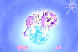 Size: 3220x2158 | Tagged: safe, artist:lars99, derpibooru import, fluttershy, pegasus, pony, earth, female, fluttershy day, macro, mare, pony bigger than a planet, protecting, smiling, solo, spread wings, sun, tangible heavenly object, wings