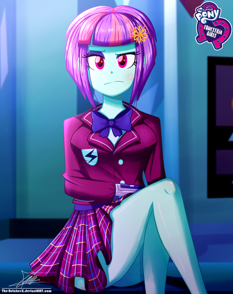 Size: 920x1160 | Tagged: safe, artist:the-butch-x, derpibooru import, part of a set, sunny flare, equestria girls, friendship games, blushing, breasts, butch's hello, clothes, crossed legs, crystal prep academy uniform, cute, equestria girls logo, female, hello x, legs, lidded eyes, looking at you, miniskirt, plaid skirt, pleated skirt, raised eyebrow, school uniform, schrödinger's pantsu, scowl, signature, sitting, skirt, skirt lift, solo, sunny flare's wrist devices, thighs, unamused, upskirt denied