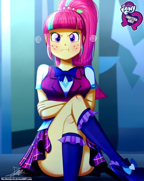 Size: 920x1160 | Tagged: angry, artist:the-butch-x, ass, blushing, breasts, butch's hello, butt, butt freckles, clothes, covering, crossed arms, crossed legs, crystal prep academy uniform, cute, derpibooru import, equestria girls, equestria girls logo, female, freckles, grumpy, hello x, high heels, hmph, kneesocks, legs, looking at you, madorable, miniskirt, part of a set, plaid skirt, pleated skirt, ponytail, pouting, safe, school uniform, schrödinger's pantsu, scrunchy face, shoes, signature, sitting, skirt, skirt lift, socks, solo, sourbetes, sour seat, sour sweet, sour sweet is not amused, thighs, upskirt denied