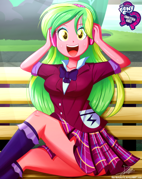 Size: 920x1160 | Tagged: safe, artist:the-butch-x, derpibooru import, part of a set, lemon zest, equestria girls, friendship games, bench, breasts, butch's hello, clothes, crystal prep academy uniform, cute, equestria girls logo, female, headphones, hello x, legs, looking at you, miniskirt, open mouth, plaid skirt, pleated skirt, school uniform, schrödinger's pantsu, signature, sitting, skirt, skirt lift, socks, solo, thighs, zestabetes