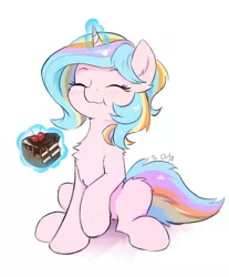 Size: 1783x2157 | Tagged: safe, artist:draconidsmxz, derpibooru import, oc, oc:oofy colorful, unofficial characters only, pony, unicorn, blushing, cake, chest fluff, chocolate cake, eating, eyes closed, female, food, magic, mare, simple background, sitting, sketch, solo, telekinesis, white background