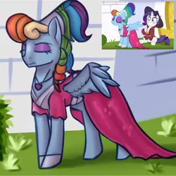 Size: 2000x2000 | Tagged: safe, artist:5oussn, derpibooru import, rainbow dash, rarity, pony, sparkle's seven, alternate hairstyle, clothes, comparison, dress, eyes closed, female, mare, megaradash, rainbow dash always dresses in style, solo, spread wings, wings