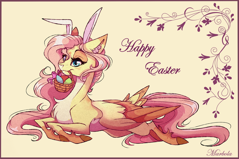 Size: 3010x2012 | Tagged: safe, artist:marbola, derpibooru import, fluttershy, pegasus, pony, basket, bunny ears, chest fluff, cute, ear fluff, easter basket, easter egg, female, mare, pale belly, shyabetes, solo, tail feathers, unshorn fetlocks