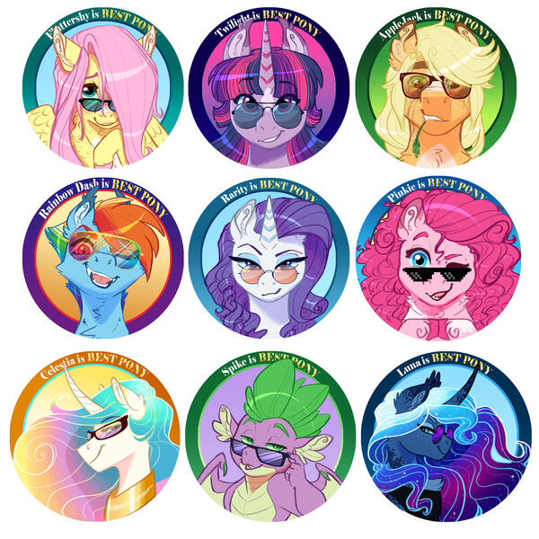 Size: 1600x1600 | Tagged: safe, artist:earthsong9405, deleted from derpibooru, derpibooru import, applejack, fluttershy, pinkie pie, princess celestia, princess luna, rainbow dash, rarity, spike, twilight sparkle, dragon, pony, alternate hairstyle, best pony, blaze (coat marking), bust, button, colored claws, curved horn, ethereal mane, everypony is best pony, female, hair over one eye, horn, lidded eyes, male, mane seven, mane six, mare, one eye closed, portrait, royal sisters, scar, short mane, star (coat marking), straw in mouth, sunglasses, winged spike
