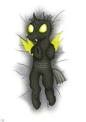 Size: 2480x3507 | Tagged: artist:atomfliege, bed, changeling, changeling oc, derpibooru import, looking at you, male, oc, oc:warplix, safe, unofficial characters only, yellow changeling