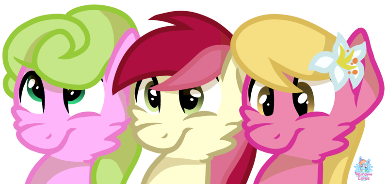 Size: 1648x781 | Tagged: safe, artist:rainbow eevee, derpibooru import, daisy, flower wishes, lily, lily valley, roseluck, pony, female, flower trio, looking down, looking up, simple background, transparent background, trio