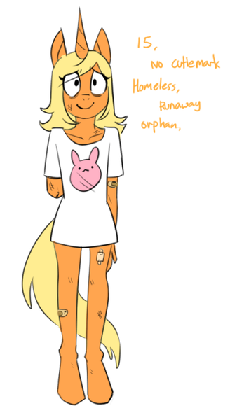 Size: 382x679 | Tagged: safe, artist:redxbacon, derpibooru import, oc, oc:tangy mandarin, unofficial characters only, anthro, unicorn, amputee, cut, plaster