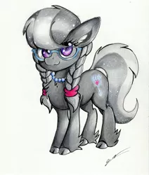 Size: 2063x2429 | Tagged: safe, artist:luxiwind, derpibooru import, silver spoon, earth pony, pony, braid, chest fluff, cloven hooves, cute, female, filly, glasses, looking at you, silverbetes, solo, traditional art, unshorn fetlocks