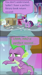 Size: 782x1395 | Tagged: alicorn, cardboard box, comic, derpibooru import, dialogue, dragon, edit, edited screencap, figurine, letter, levitation, magic, mail, rekt, safe, school of friendship, screencap, screencap comic, scroll, spike, telekinesis, the point of no return, twilight sparkle, twilight sparkle (alicorn), waterfall, winged spike